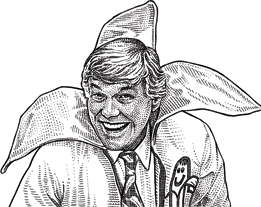 Pen-and-ink stipple illustration of a smiling man in a shirt and tie