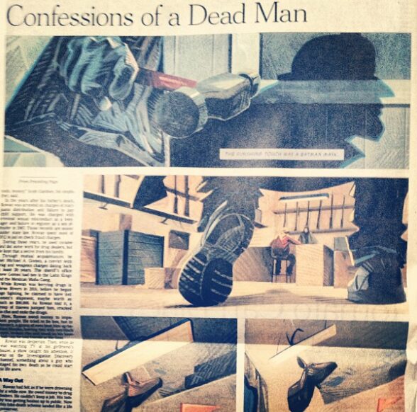 A newspaper spread of comic-style illustrations headlined Confessions of a Dead Man